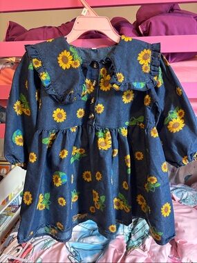 SHEIN Blue Denim-Look Sunflower Print Dress